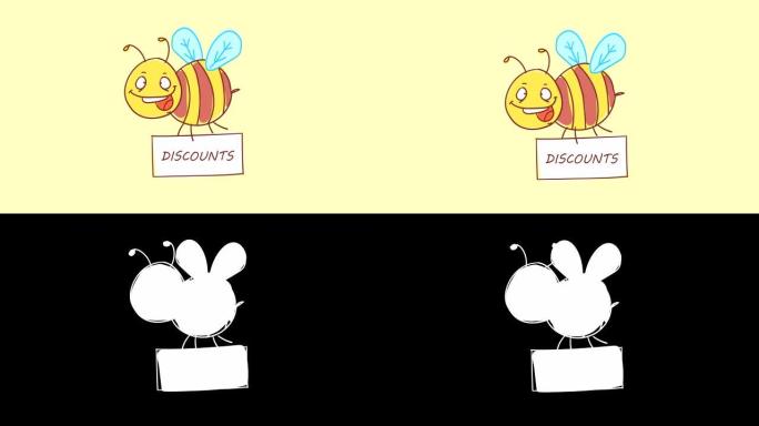 蜜蜂拿着带有铭文折扣的标志。有趣的角色。阿尔法通道