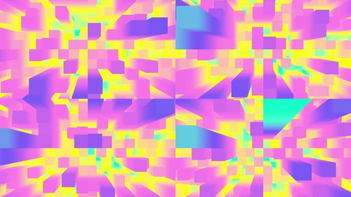 移动长方体的抽象白色背景。紫色、绿色和黄色单色未来图案。