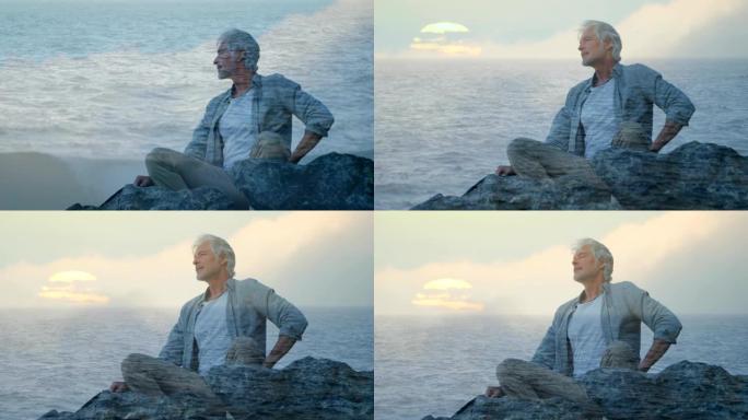 老人坐在岩石上，可以看到大海