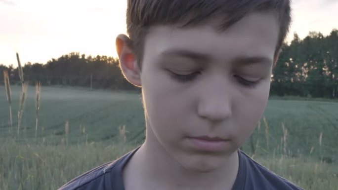 日落时看着相机的麦田里被冒犯的悲伤男孩的肖像