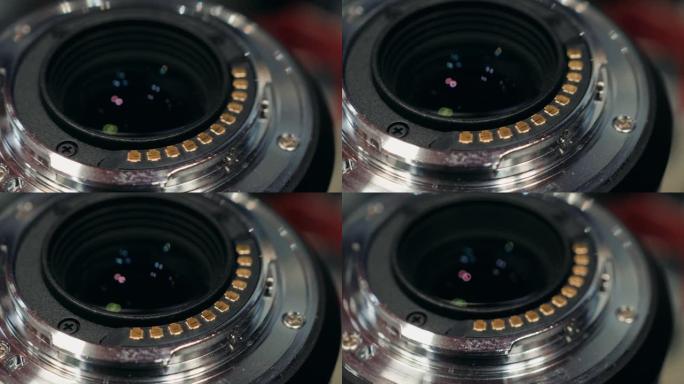 特写无反光镜微型4/3数码相机芯片和镜头。安装。数码相机技术概念
