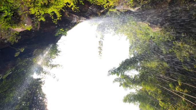 蜀南竹海竹林高处落下的溪水瀑布