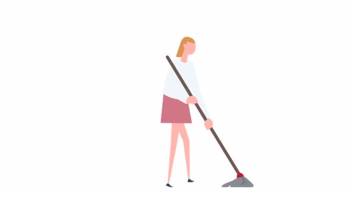 平面卡通彩色女性角色动画。女孩洗地板拖地情况
