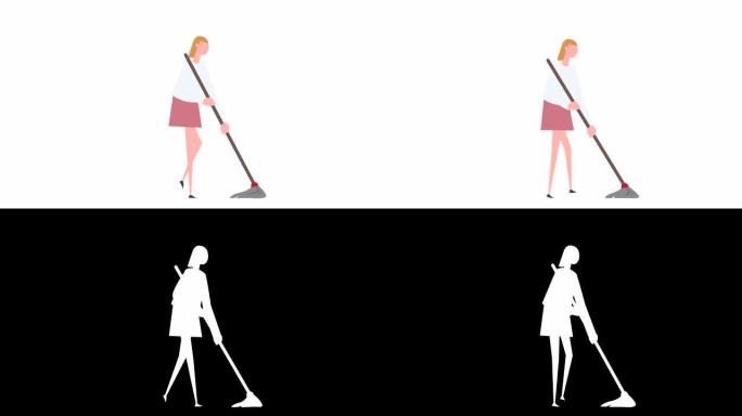 平面卡通彩色女性角色动画。女孩洗地板拖地情况
