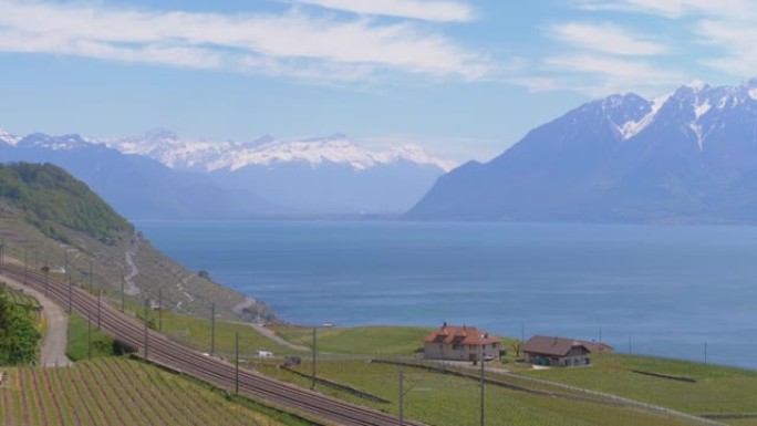日内瓦湖附近有葡萄园和瑞士阿尔卑斯山的铁路景观。瑞士