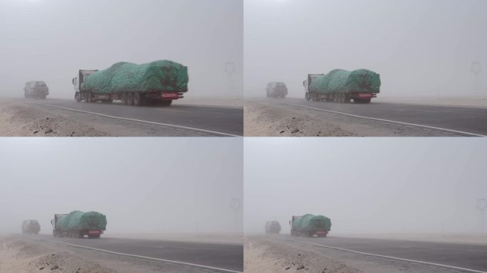 新疆沙尘暴中的大货车