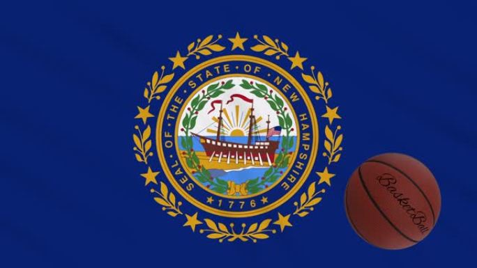 新罕布什尔州的旗帜挥舞和篮球旋转，循环