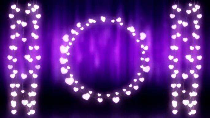 紫色背景上发光的圆圈和童话灯串