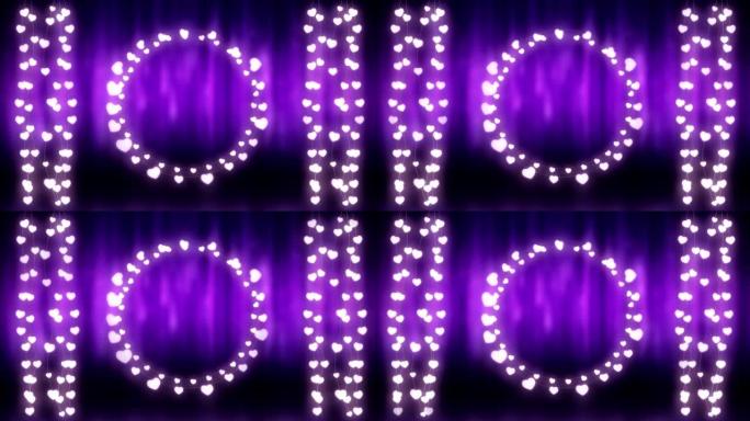 紫色背景上发光的圆圈和童话灯串