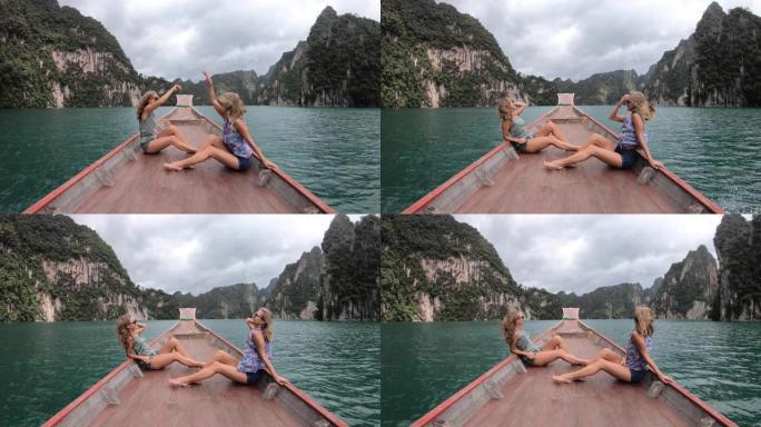 泰国桂林泰国苏拉特他尼府考索克国家公园Ratchaprapha大坝暑假快乐女性家庭乘船旅行
