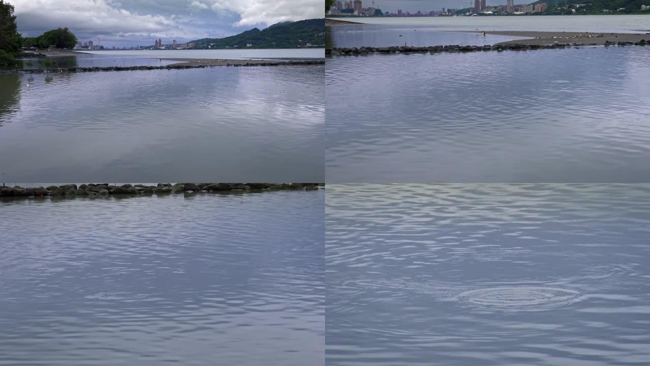 4k景观淡水河鱼跃水中台北平静多云天气
