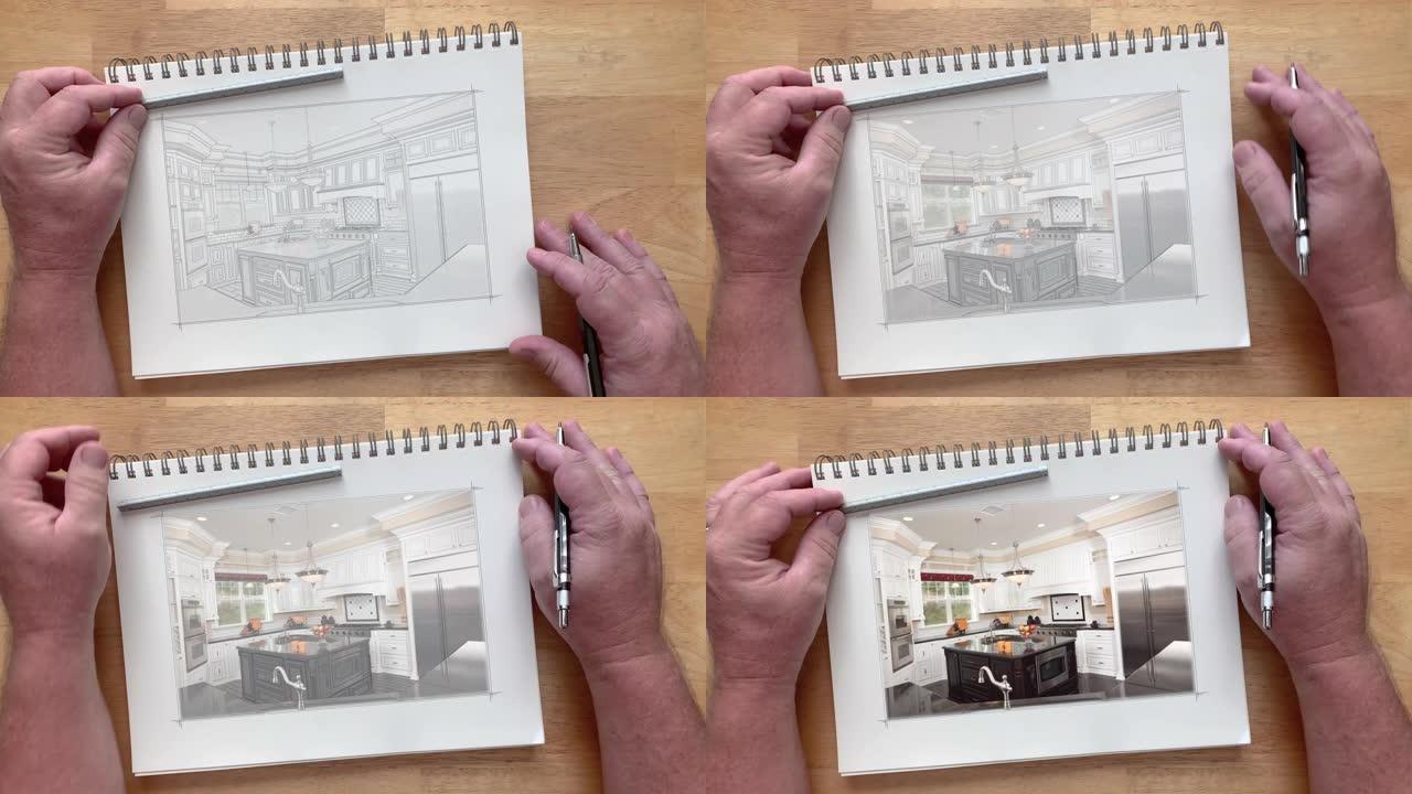 4k自定义厨房照片出现在纸垫上的艺术家绘画上