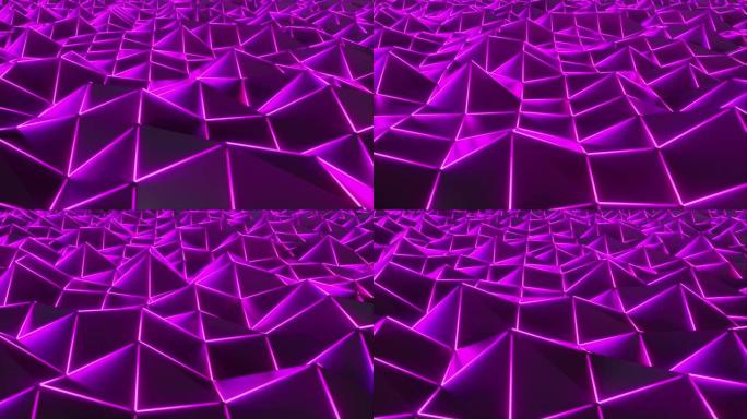 3d渲染多边形抽象背景。具有霓虹灯发光的计算机生成低聚挥发表面。几何未来三角形
