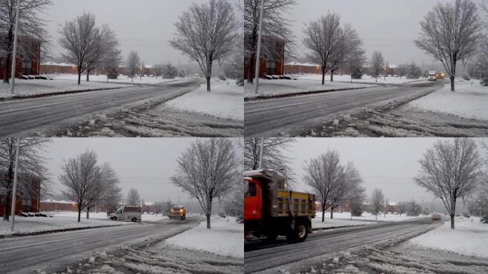 除雪机在冬季维修道路上清理街道积雪