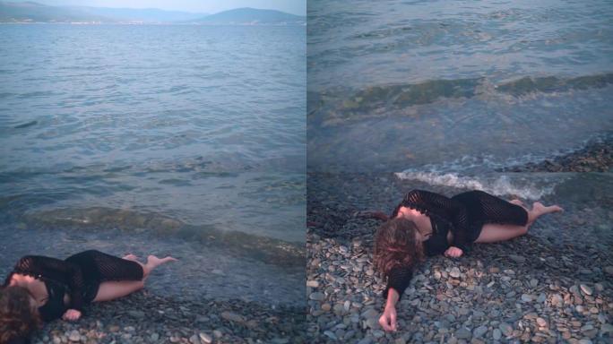 一个年轻的女孩昏迷不醒地躺在海边，没有动静。面目全非的女人脸朝下躺在岸边。