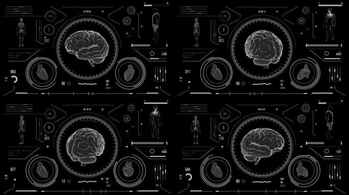 人脑扫描。具有HUD和信息图表元素的未来医学用户界面。虚拟技术背景。用于商业，游戏，运动设计，web
