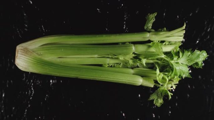 俯视图: 芹菜茎落在水中，飞溅-慢动作