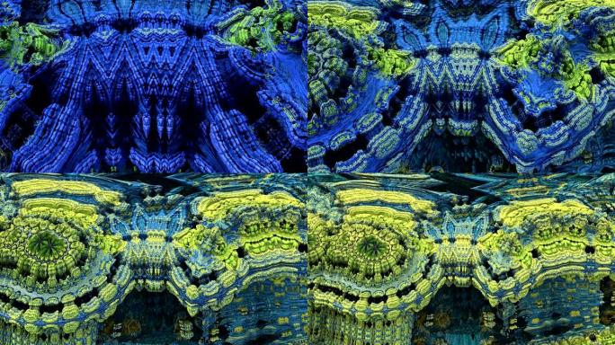 抽象虹彩微生物放大3d镜头。细菌，全息绿色霉菌特写。真菌，微观分子结构宏观运动动画。详细的彩色微生物