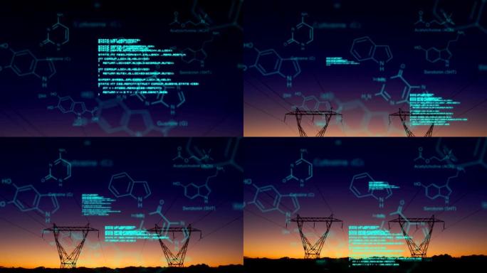 具有程序代码和输电塔背景的化学结构