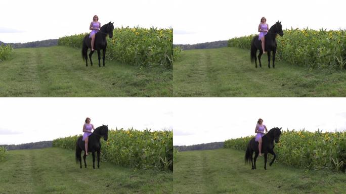 穿着淡紫色连衣裙的女人骑着马骑马