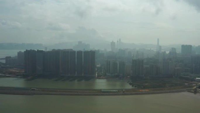 晴天雾澳门珠海市中心海湾航空全景4k中国
