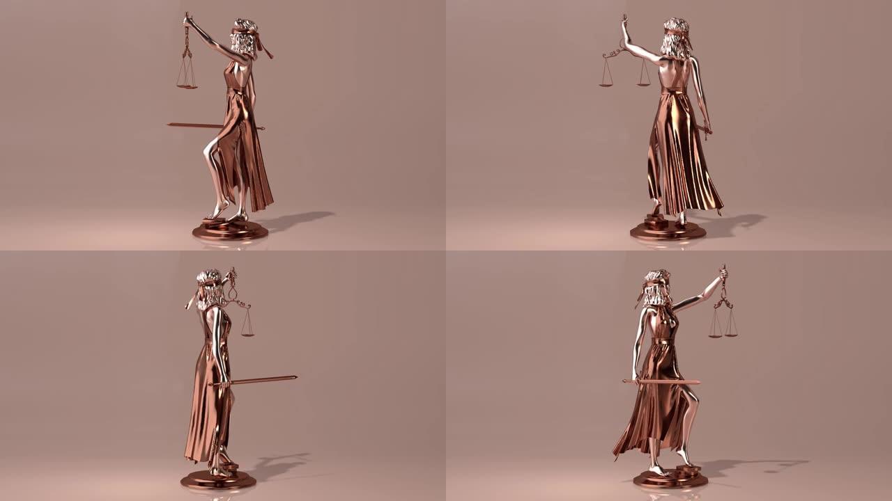 正义雕像，忒弥斯，菲米达手里拿着天平和剑。3 d渲染。