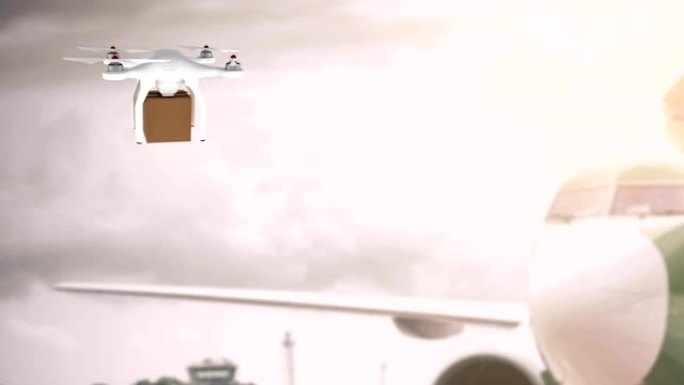 无人机在飞机旁边携带箱子
