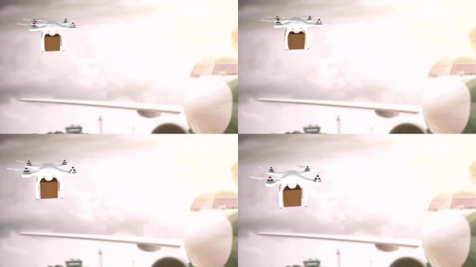 无人机在飞机旁边携带箱子