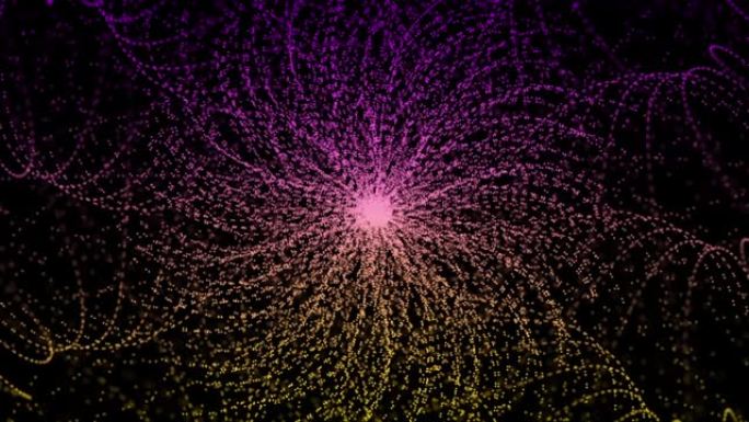 由黑色背景上不同螺旋扭曲的彩色霓虹灯粒子组成的大型网络的惊人抽象。动画。网络的彩色抽象背景