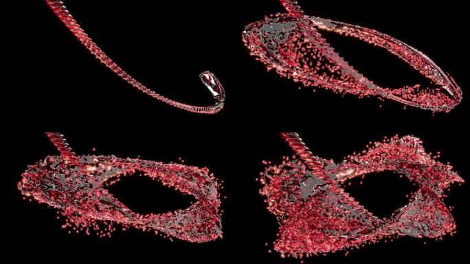 红酒流逼真动画。强大的粉红色液体流与飞溅的液滴慢动作镜头。流体飞溅3d渲染。倒水，闪闪发光的油漆爆炸