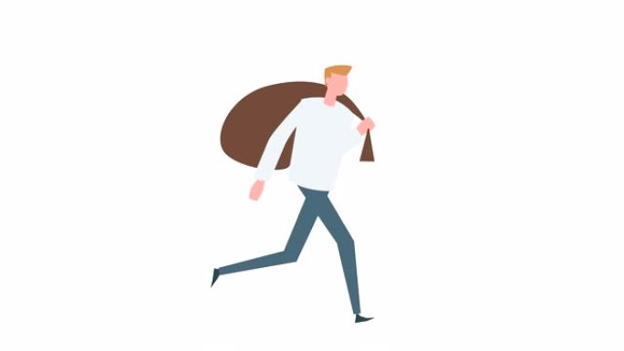 平面卡通七彩人物动画。男性跑步循环背袋情况