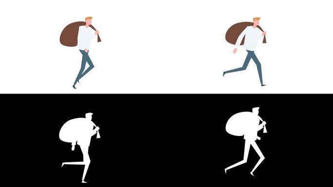 平面卡通七彩人物动画。男性跑步循环背袋情况