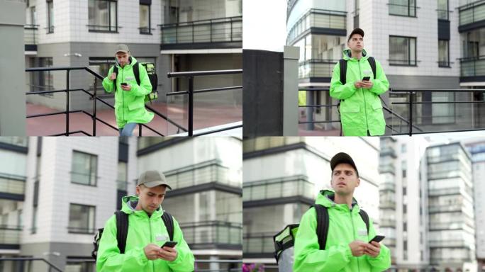 年轻的食品快递员穿着绿色制服，戴着隔热背包走在街上，上楼运送食物。在智能手机上使用移动导航应用程序的