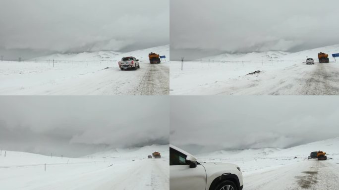 西藏旅游317国道车窗外冰雪路面白雪世界