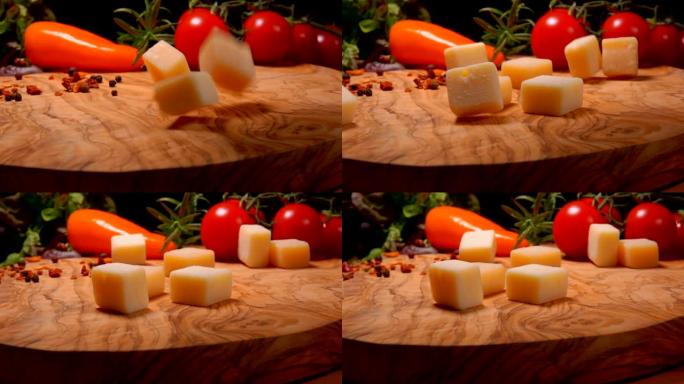 硬奶酪块落在木板上