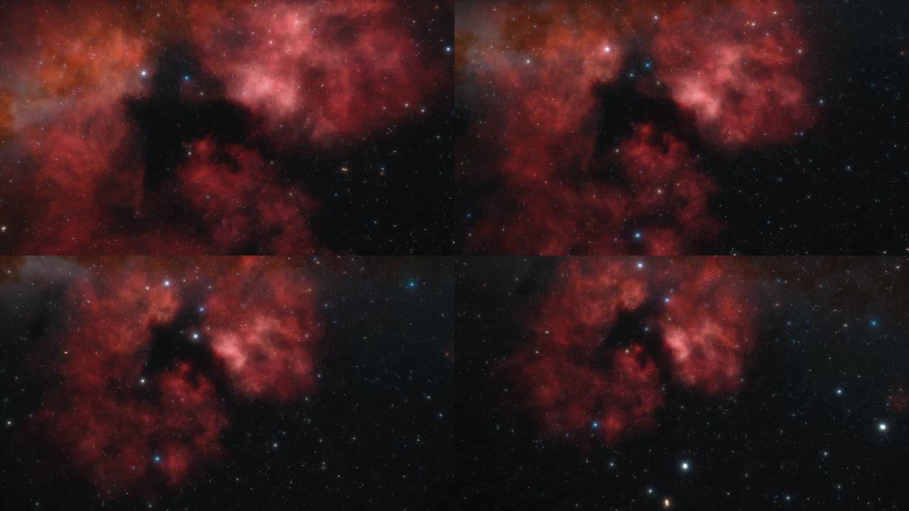 宇宙飞船在太空中的红色星云附近飞行。银河系中的数十亿颗恒星。美丽的星星簇。