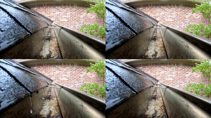雨水从屋顶流进排水沟