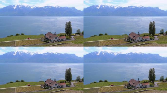 蒙特勒市与瑞士阿尔卑斯山和瑞士日内瓦湖的景观