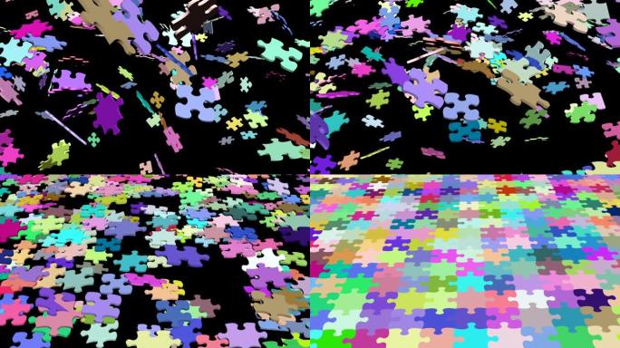 拼凑3d镜头的拼图。连接抽象动画的多样化匹配作品。多色拼图浮动碎片连接孤立在黑色背景上。问题解决隐喻