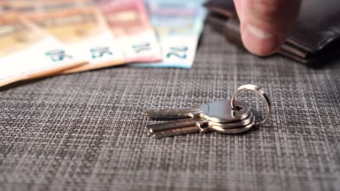 灰色柳条桌罩上闪亮的新公寓钥匙，配有钱包和欧元钞票