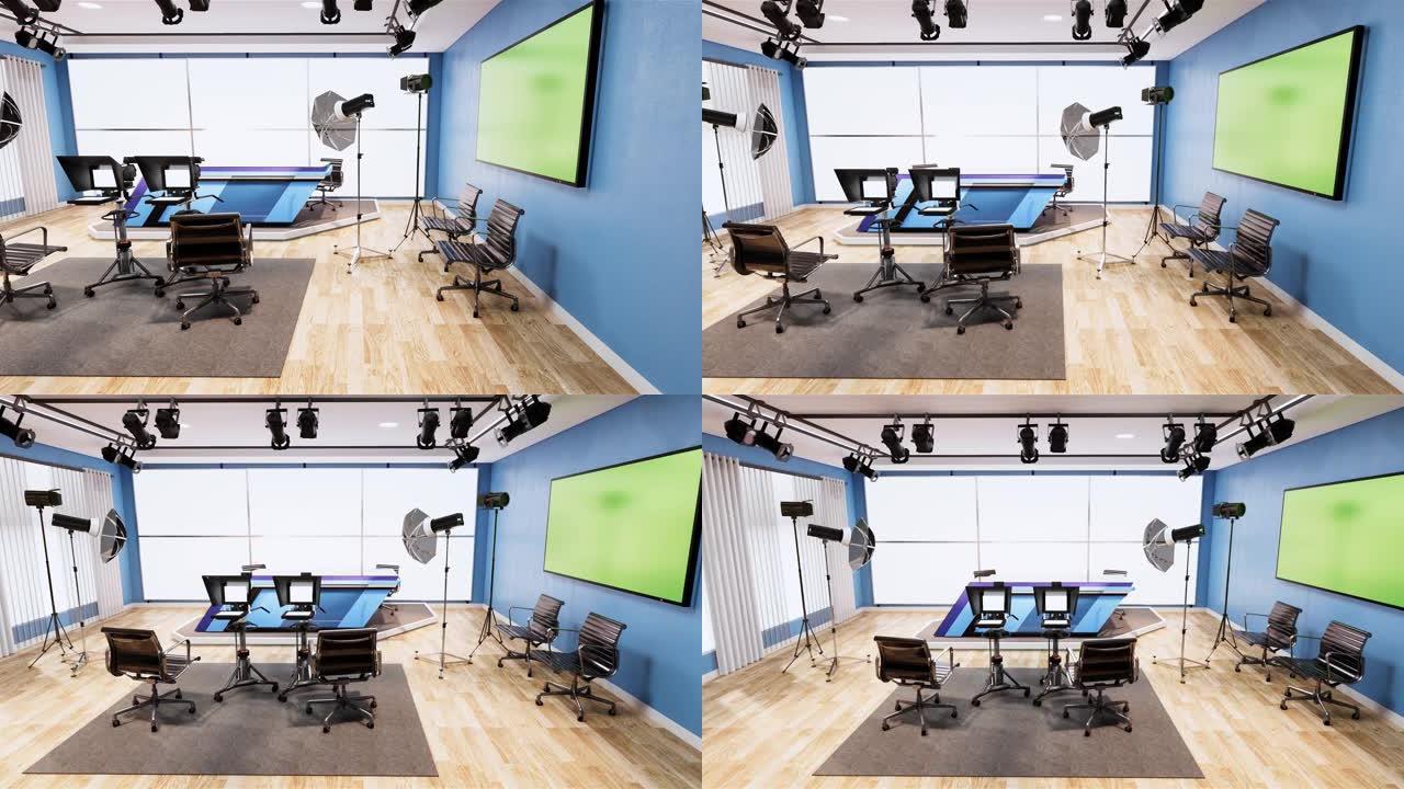 电视节目的新闻工作室蓝色房间设计背景。3d渲染