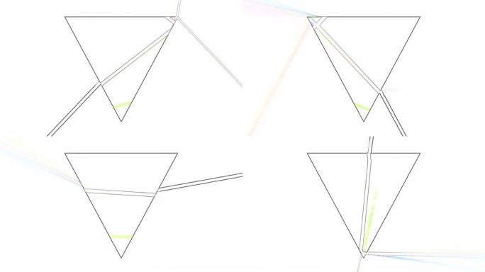 棱镜折射光3d镜头。玻璃金字塔分离光束与毛刺效果动画。白色背景上孤立的科学现象。阳光彩虹颜色光谱抽象