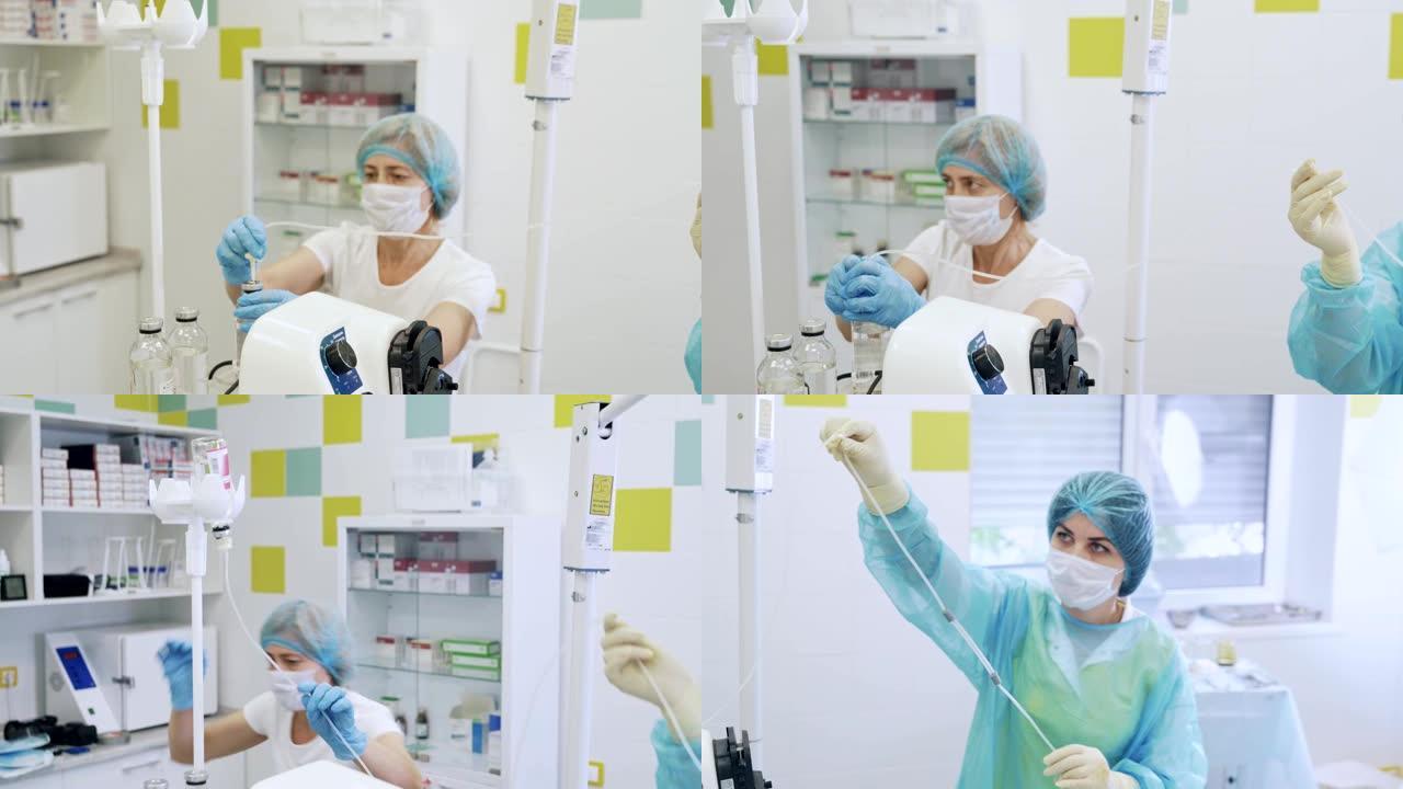 穿着无菌衣服的护士在手术前准备静脉滴注麻醉