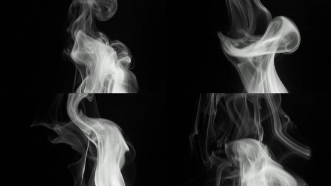 细细的灰色烟雾慢慢上升，优美地向上弯曲。黑白雪茄烟从下往上吹来。特写，孤立在黑色背景上