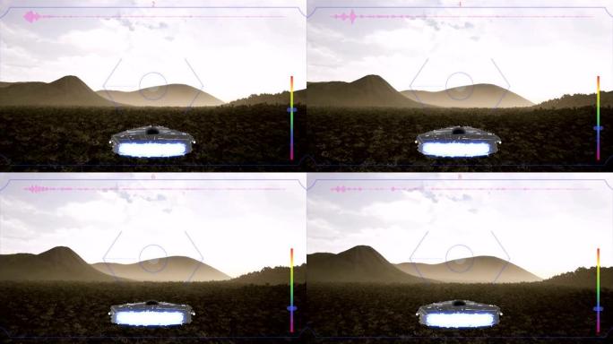 外星飞船飞越森林写实动画。3d视频游戏模拟。航天器飞行，山区科幻飞行器后视图。现代娱乐。绿野和多云的