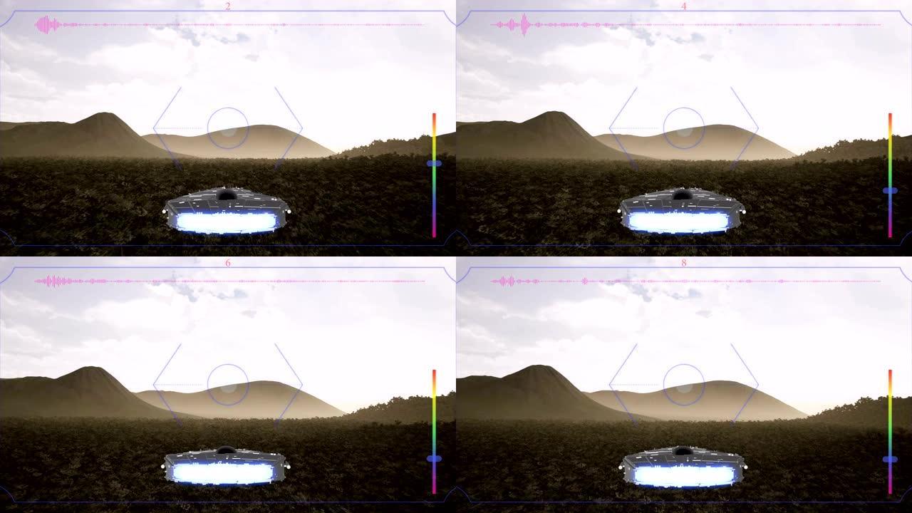 外星飞船飞越森林写实动画。3d视频游戏模拟。航天器飞行，山区科幻飞行器后视图。现代娱乐。绿野和多云的