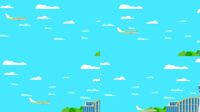 飞机在蓝天白云背景镜头上飞行。客机降落在机场现代建筑动画附近。地平线上的小型航空公共交通卡通彩色视频