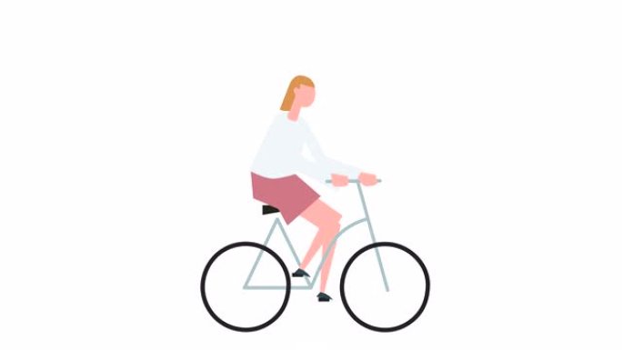 平面卡通彩色女性角色动画。女孩骑自行车自行车的情况