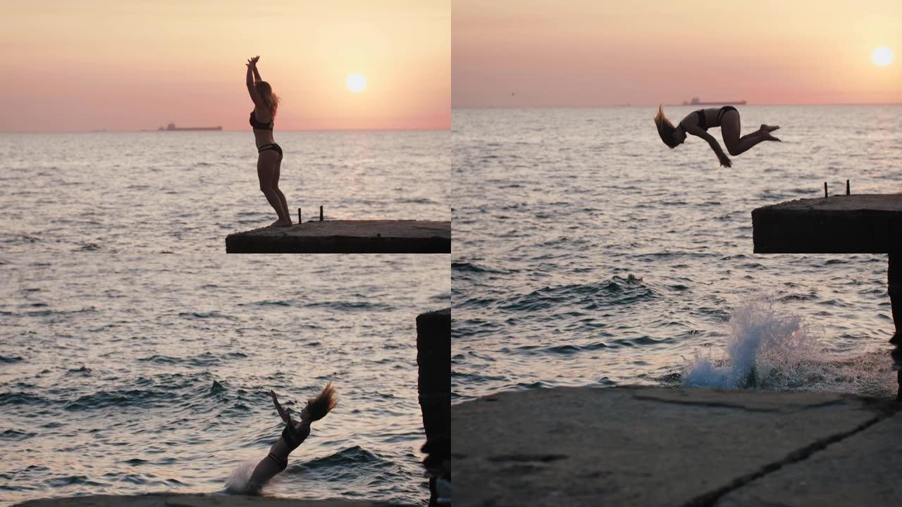 年轻的尤曼从海上码头跳下来，在美丽的日出时做前空翻，慢动作