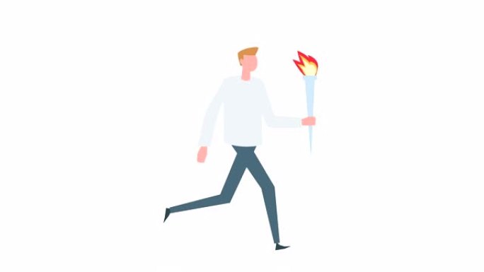 平面卡通七彩人物动画。男性带着火炬火焰着火的情况奔跑